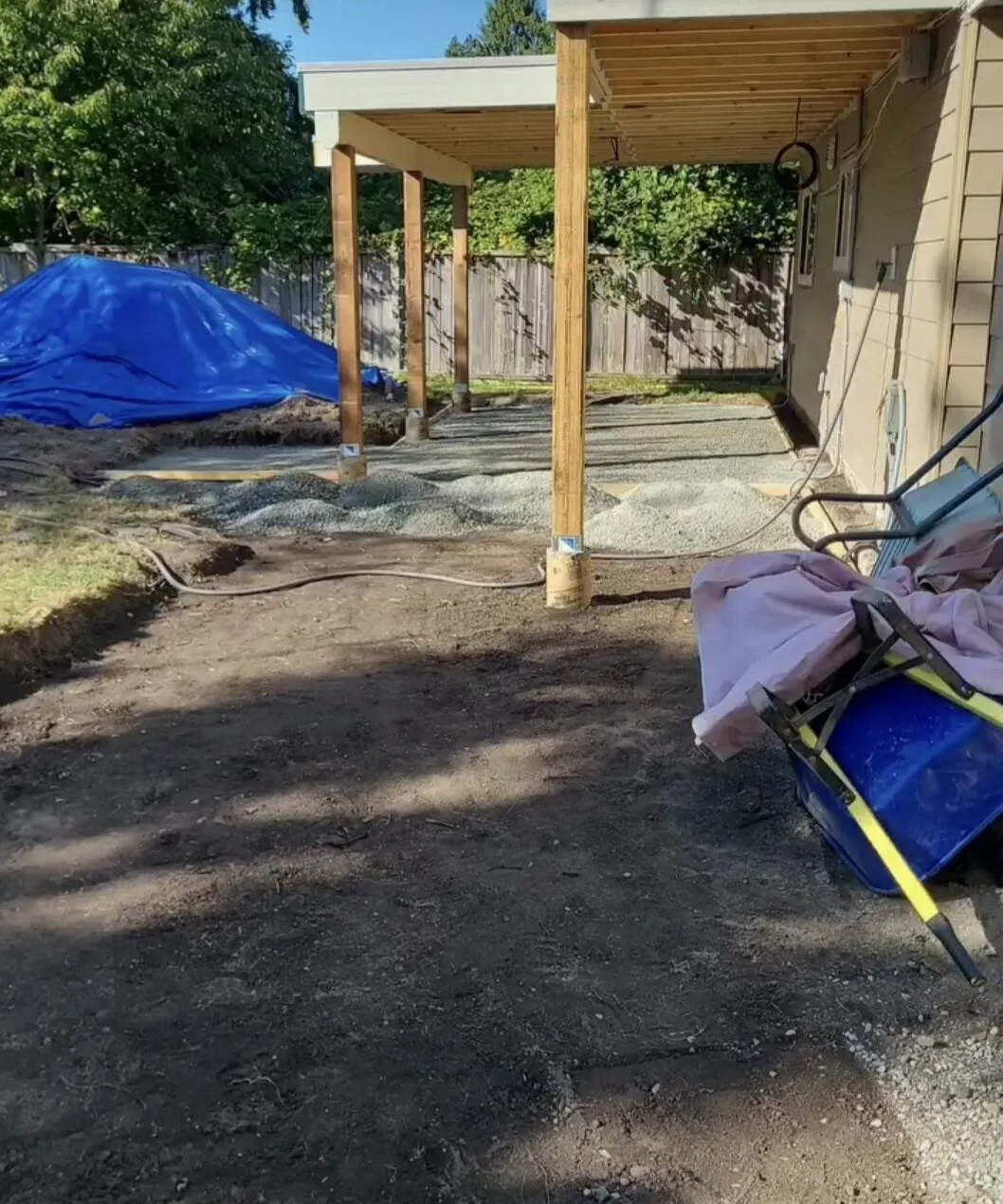 Excavating, gravel base and structural post footings