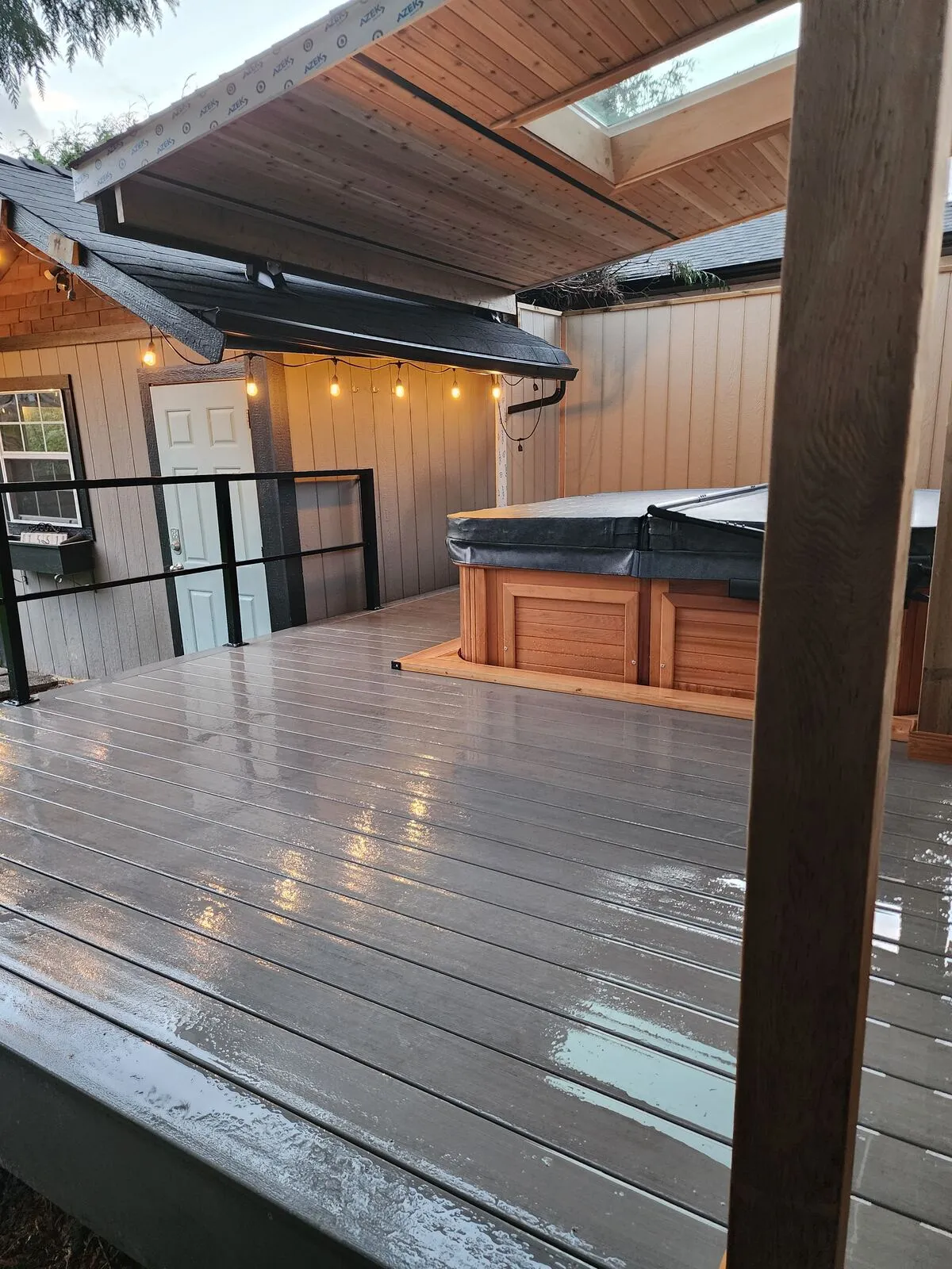 The finished spa at dusk