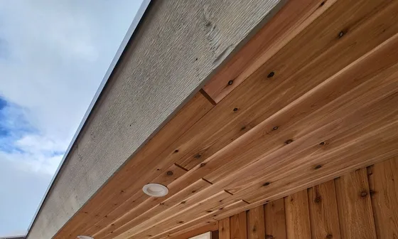 Cedar soffit and cladding detail on a North Vancouver covered deck